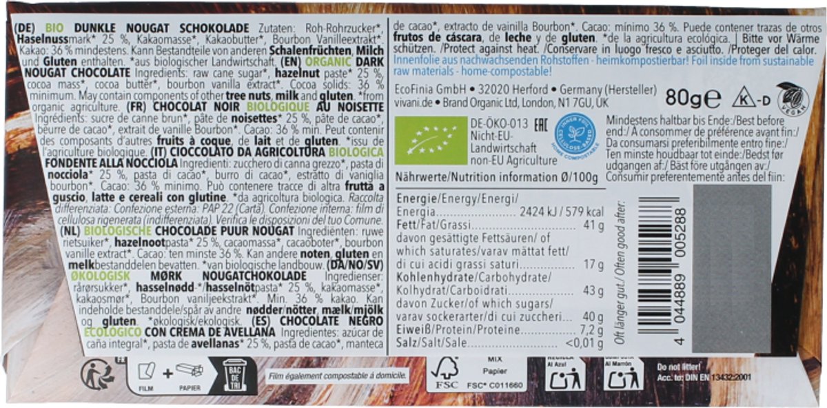 Vivani Dark nougat gianduja bio 80 Gram
