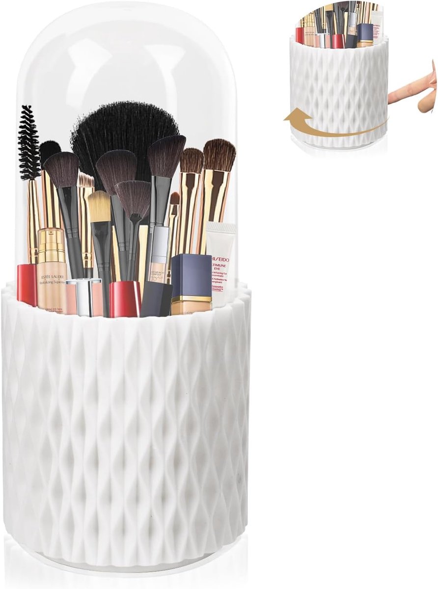 QTTVBTNA -360° Draaibare Make-up Organizer met Deksel – Cosmetica Opberger voor Make-up Kwasten, Lippenstift en Accessoires – Stofvrije Pinselhouder voor Kaptafel of Badkamer