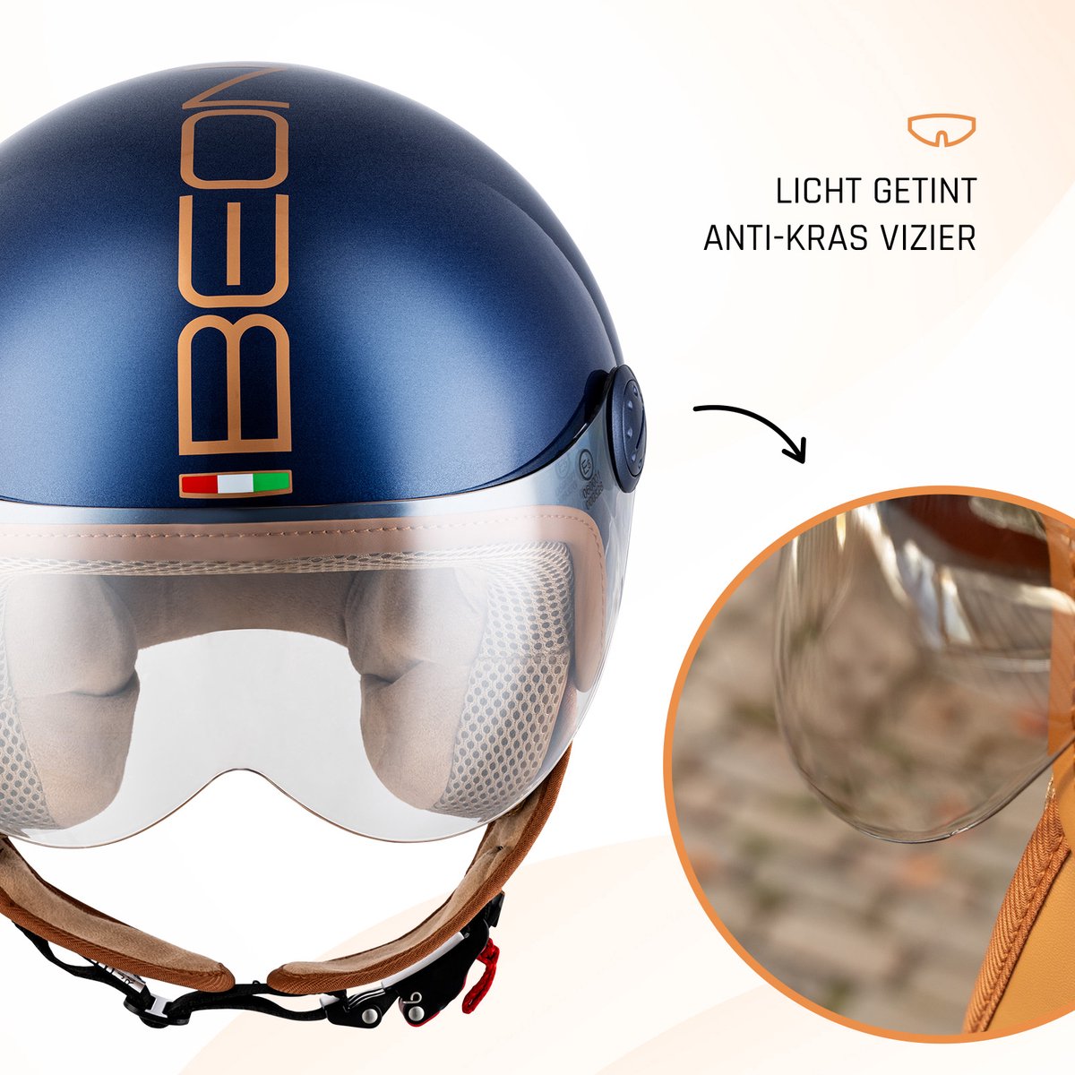 BEON Design Luxe Scooterhelm - M - Jethelm met Vizier - Motorhelm - Geschikt voor Vespa, Scooter, Brommer, Motor en Snorfiets - Metallic Blauw – foto 8