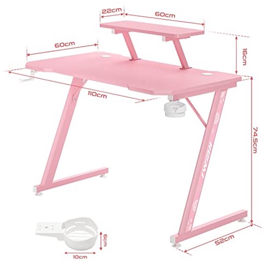 Ergonomisch Gaming Bureau met Carbon Fiber Blad en Verstelbare Monitorplank in Roze — afbeelding 5