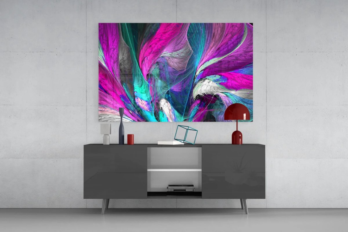 Glasschilderij – Vleugels van Kleur – Abstracte Moderne Kunst – Paars en Blauw Design - 72x46 cm
