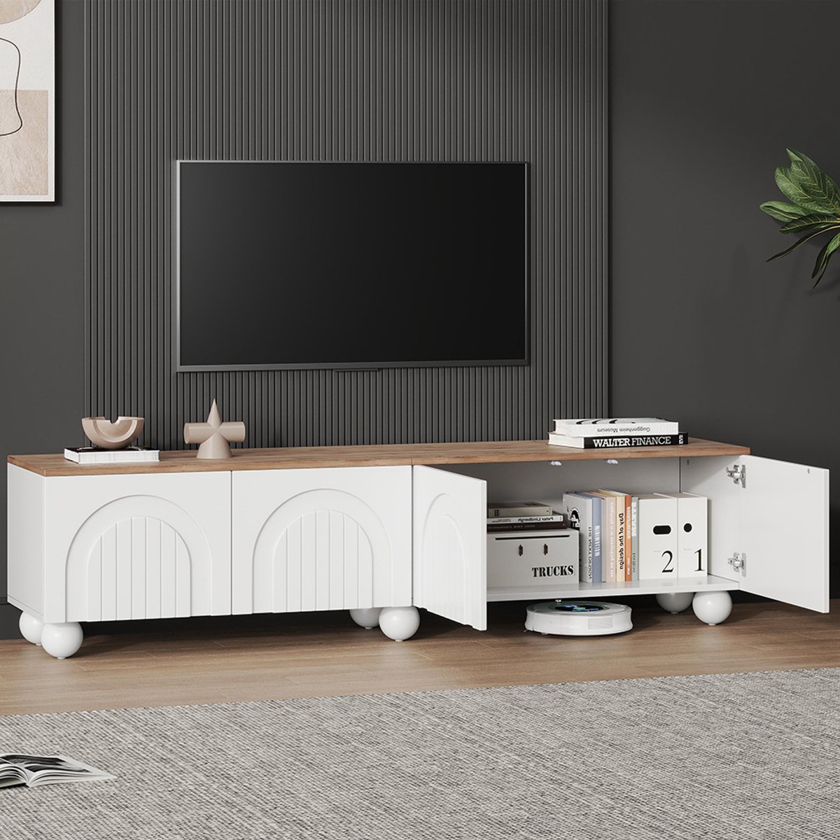 Pugsdrly TV-meubel 180*40*45 cm met 4 kasten, tv-steun en tv-meubel met 6 bolvormige metalen poten, laag meubel en tv-tafel, tv-meubel en tv-commode Geschikt voor 80 inch tv's, kleur hout + wit Wit + eikenhout
