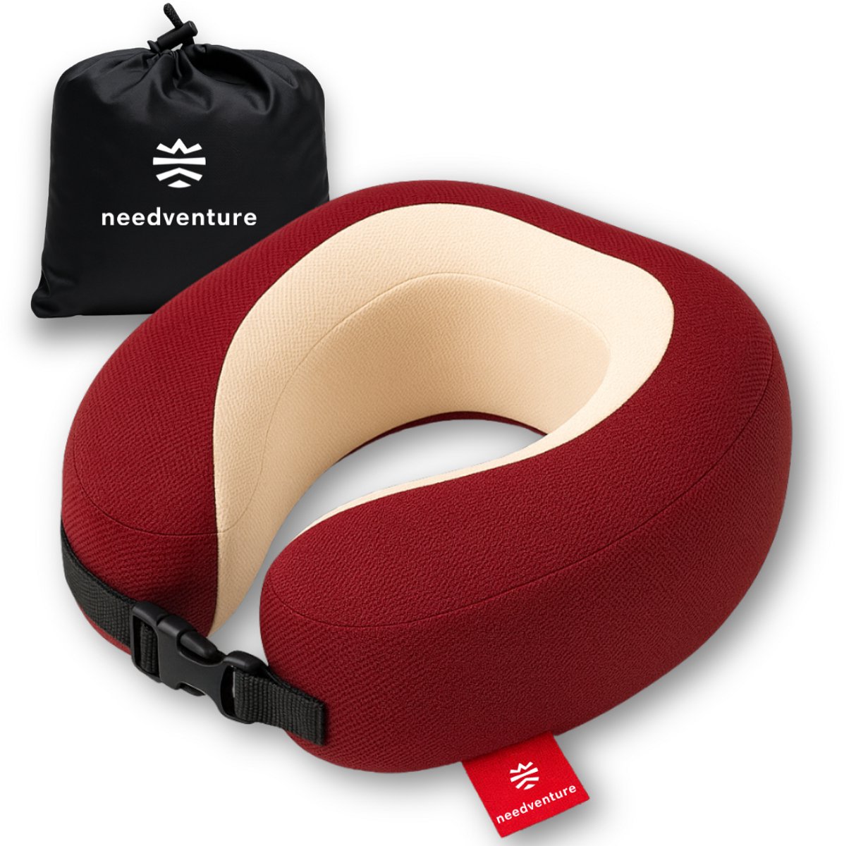 needventure® Nekkussen - Reiskussen Memory Foam - Geschikt Voor Auto en Vliegtuig - Traagschuim Nek Kussen - Voorkom Nekklachten - Opvouwbaar en Oprolbaar - Niet Opblaasbaar - Met opbergtas - Rood