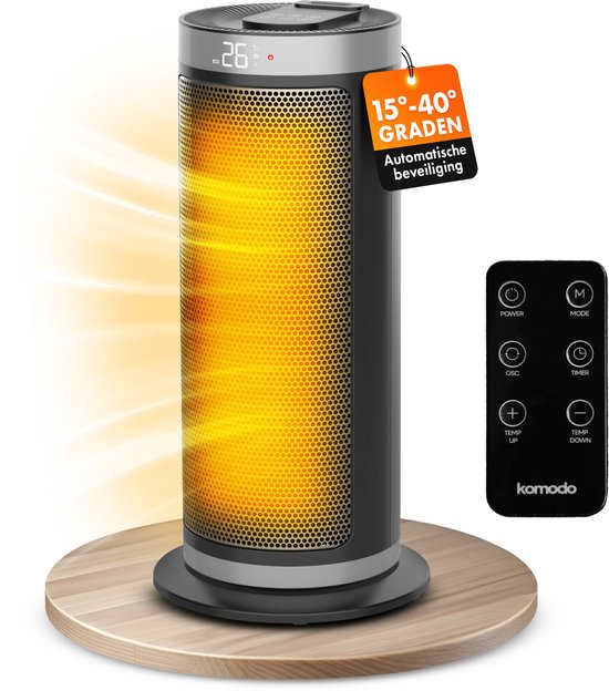 Elektrische Kachel 2000W - Keramische Ventilatorkachel - Heater - Afstandsbediening en Timerfunctie - 70° Draaifunctie - Komodo