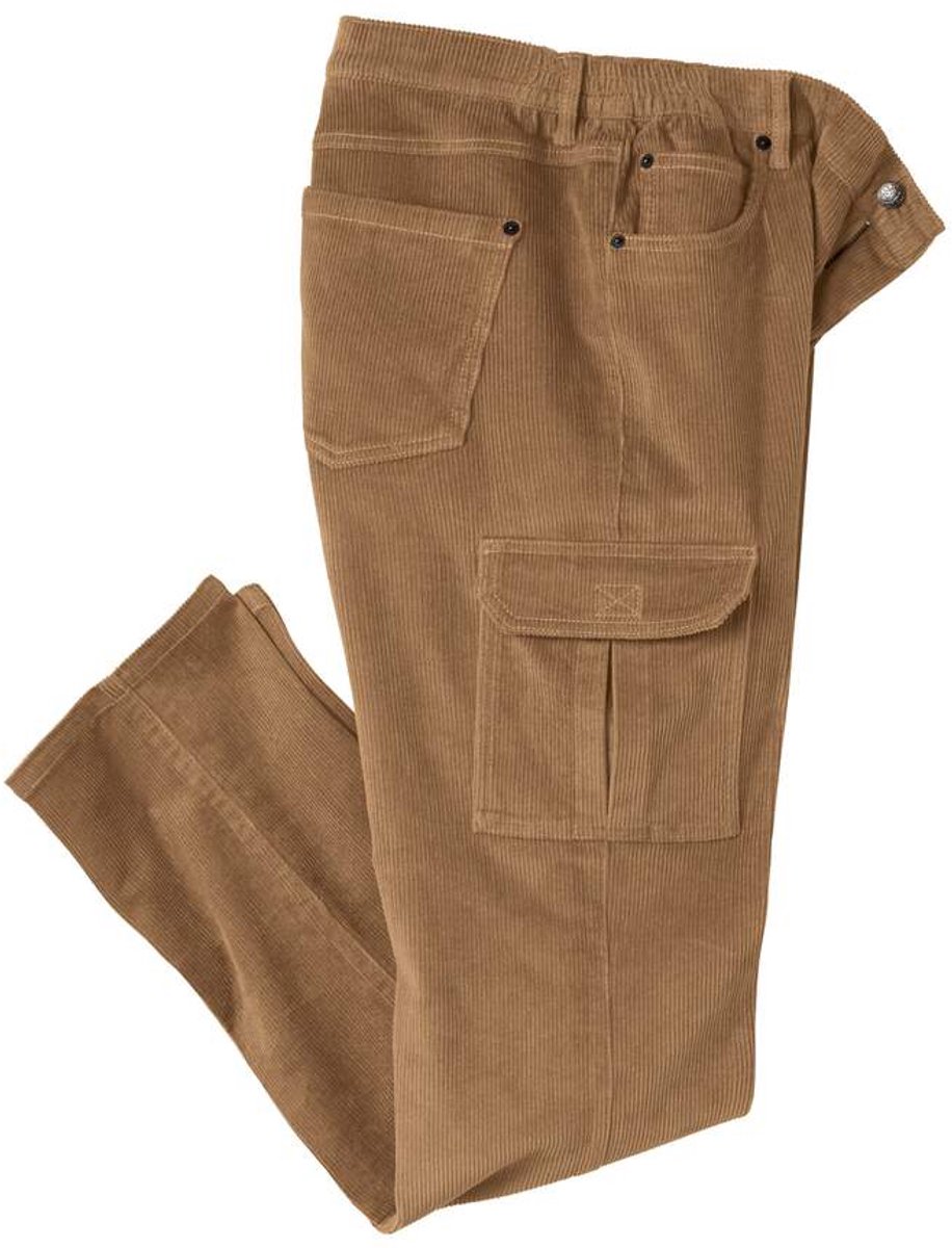ATLAS FOR MEN - Donkerbruine ribfluwelen cargobroek met stretch - Heren - Verkrijgbaar in grote maten - W38