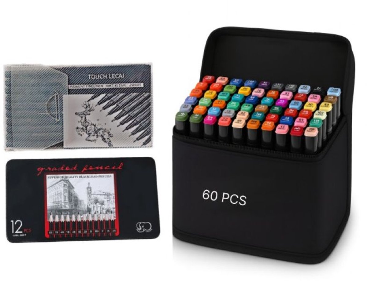 Goodz4All Tekenset voor Volwassenen , 60 Twinmarkers , Dubbelzijdige Alcohol Stiften , 10 Zwarte Watervaste Pigment Fineliners / Tekenpennen Verschillende Puntdiktes, 12 Professionele Schetspotloden 8B, 7B, 6B, 5B, 4B, 3B, 2B, B, HB, F, H, 2H