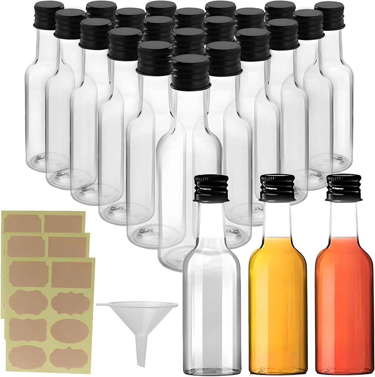 Allecto plus - Herbruikbare Mini Likeur Flesjes 24 Stuks 50ml met Zwarte Schroefdoppen en Labels - Lege Plastic Drankflessen voor Feesten en Bruiloften.