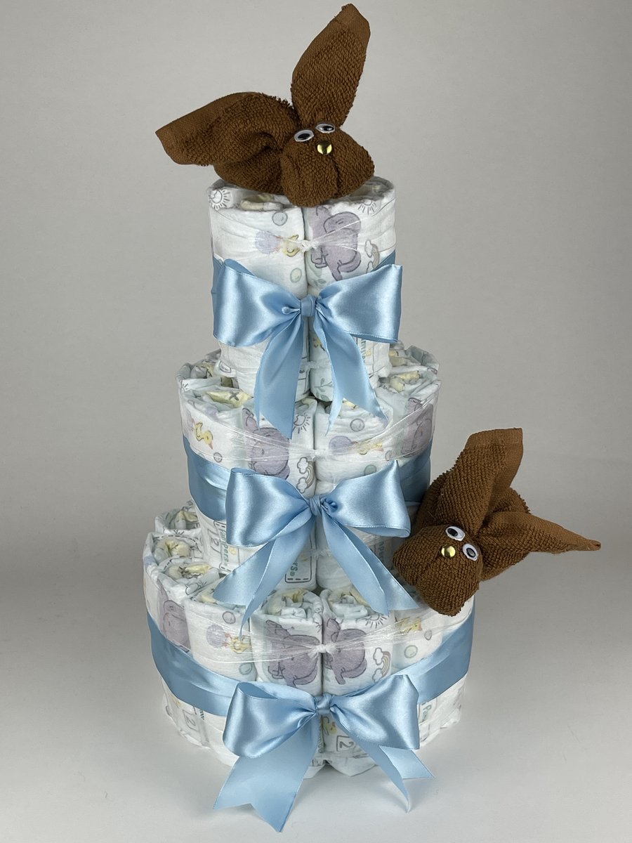 Chouette-Chouette | Luiertaart Jongen | Kraamcadeau | Geboorte Jongen | Babyshower | Konijnen clay Bruin - Blauw