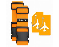 BOTC Kofferriem met Kofferlabel - 4-Delig - 2 Kofferband en 2 Bagagelabel - bagageriemen - Bagageband - Verstelbaar - Oranje