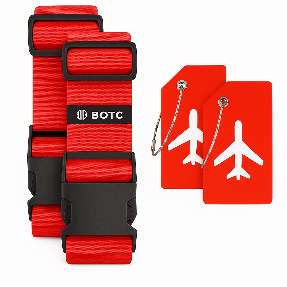 Bol.com BOTC Kofferriem met Kofferlabel - 4-Delig - 2 Kofferband en 2 Bagagelabel - bagageriemen - Bagageband - Verstelbaar - Rood aanbieding