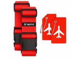 BOTC Kofferriem met Kofferlabel - 4-Delig - 2 Kofferband en 2 Bagagelabel - bagageriemen - Bagageband - Verstelbaar - Rood