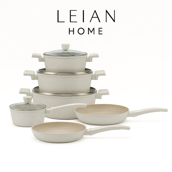 LEIAN HOME ® Pannenset - Forged Pannenset - 10 delig - Met glazen deksels- Alle warmtebronnen - Antiaanbaklaag - PFAS-vrij - Marmeren coating - Inductie - Beige