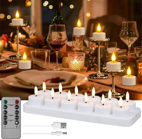 Led Kaars - 3D Oplaadbare Led-Theelichtjes - Set Van 12 Oplaadbare Led-Kaarsen - Met Afstandsbediening En Timer - Oplaadstation Met 12 Compartimenten - Knipperende/Constante Modus, Lichtsterkte Instelbaar - Voor Tafel, Halloween, Kerstdecoratie