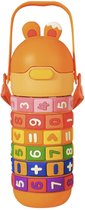 Bouteille isotherme Enfants - Bouteille d'eau éducative - Bouteille isotherme en acier inoxydable - Bouteille isotherme avec paille - Jeux mathématiques rotatifs - Gobelet scolaire - Chaud et froid - 430 ml - Couleur : Oranje