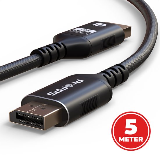 Câble DisplayPort 2.1 noir, 5 mètres, avec un connecteur ProFPS à chaque extrémité. Le câble a une gaine tressée en nylon.
