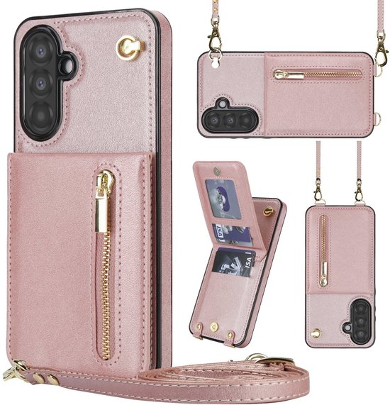 Étui Samsung A56 avec cordon - Étui portefeuille Solidenz A56 - Étui téléphone - Coque arrière avec cordon - Étui cordon - Lanière - Étui A56 - Or rose