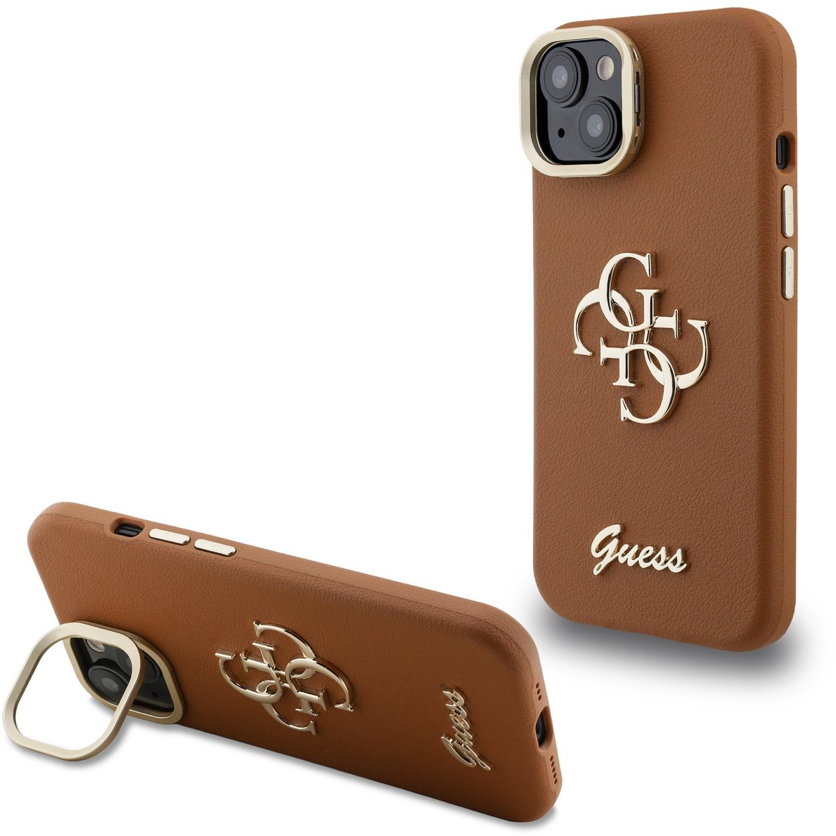 Guess 4G Logo met Camerastand functie geschikt voor iPhone 15 hoesje - Bruin