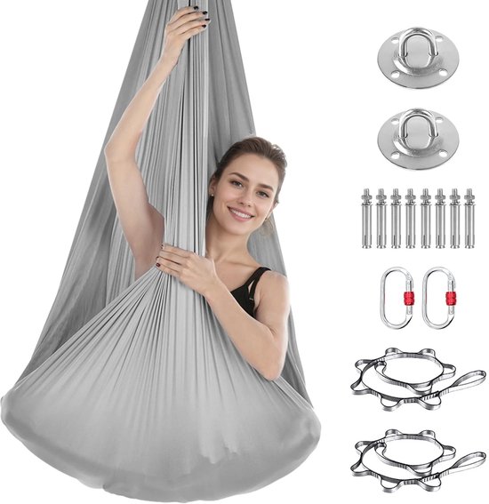 Yoga Hangmat Set – Volwassenen – Grijs – Polyester – 5M x 2,8M – Inclusief Karabijnhaken, Daisy Chain & Bevestigingsplaten – 300KG Draagkracht – Anti-Zwaartekracht & Inversie Oefeningen