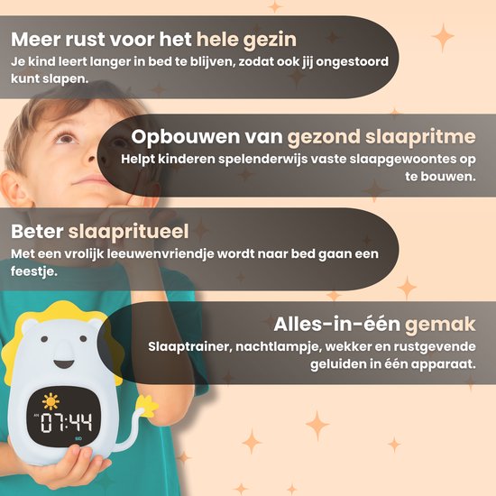 Luvonic® Slaaptrainer - Kinderwekker - Nachtlamp en Wekker - Kindvriendelijke Slaapwekker - Slaaptrainer met Led en Geluid - White Noise - 8 Verschillende Kleuren - Kind/Peuter/Kleuter - Leeuw van Luvonic — afbeelding 5