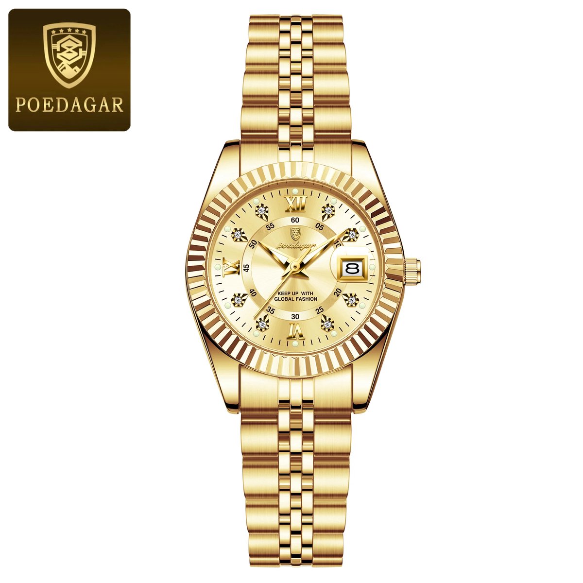 POEDAGAR 780 dameshorloge ( Goud ) Met Diamanten| Rond Dames Polshorloge | Luxe Quartz Horloge | Waterdicht Lichtgevende -Kwarts Horloges RVS Band Met Lichtgevende Wijzers, Datumweergave, Blauwe Wijzerplaat, Perfect Voor Zakelijk En Casual| ⌀ 28mm