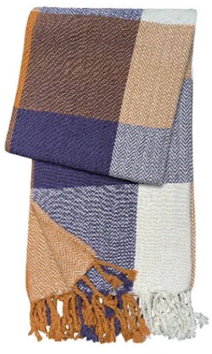 Urbane Hide | Klassiek Handgeweven Geruit Plaid | Sierplaid | 130x170cm | met Handgeknoopte Franjes | 100% Katoen | Marine & Crème