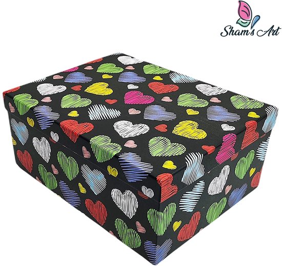 Foto: Luxe doos met deksel multikleur hartjes 27 20 11 5cm cadeaudoos geschenkdoos