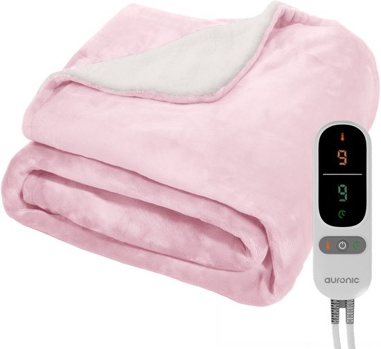 Auronic Elektrische Deken - 180 x 130 cm - 1 Persoons Warmtedeken - 9 Warmte en Timerstanden - Verwarmingsdeken - Sherpa Fleece - Roze