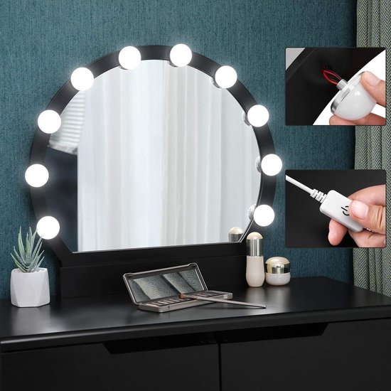 Corroderen genezen Artistiek Make-up Kaptafel met Spiegel, Verlichting, Laden en Kruk - Zwart | bol.com