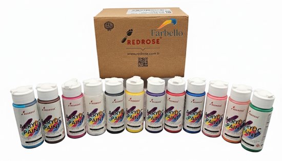 Dix petites bouteilles de peinture acrylique Farbelow de couleurs assorties alignées, avec une boîte en carton derrière.