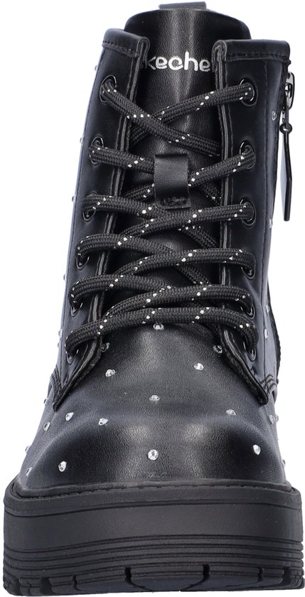 Zwarte veterlaars met plateauzool en zilverkleurige strass-steentjes. Skechers logo op de zijkant.