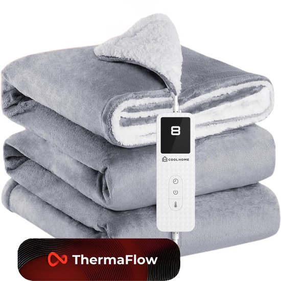 CoolHome Elektrisch Warmtedeken HB25 - Elektrische deken met 9 warmtestanden - Flanel & Fleece - Afstandsbediening - Wasbaar - 130x180 cm - Donker Grijs