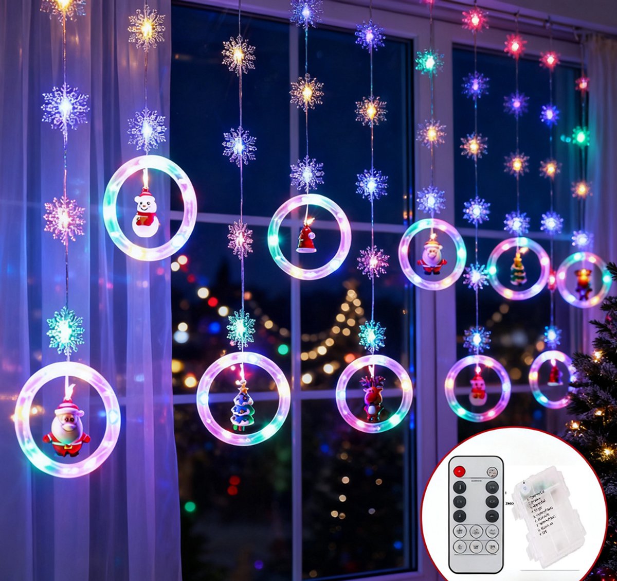 LED Kerst Lichtgordijn 3M – Christmas LED Kerstverlichting – kerst gordijnverlichting-Kerst Lichtslingers met 40 Sneeuwvlokken -8 Lichtstanden met Timer & Afstandsbediening –met Batterij- Multicolour