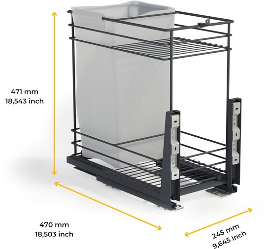 VADANIA Smalle uittrekbare keukenmand voor kasten van 200 mm, kruidenrek met 2 niveaus, koolstofstaal, softclose, montage links/rechts