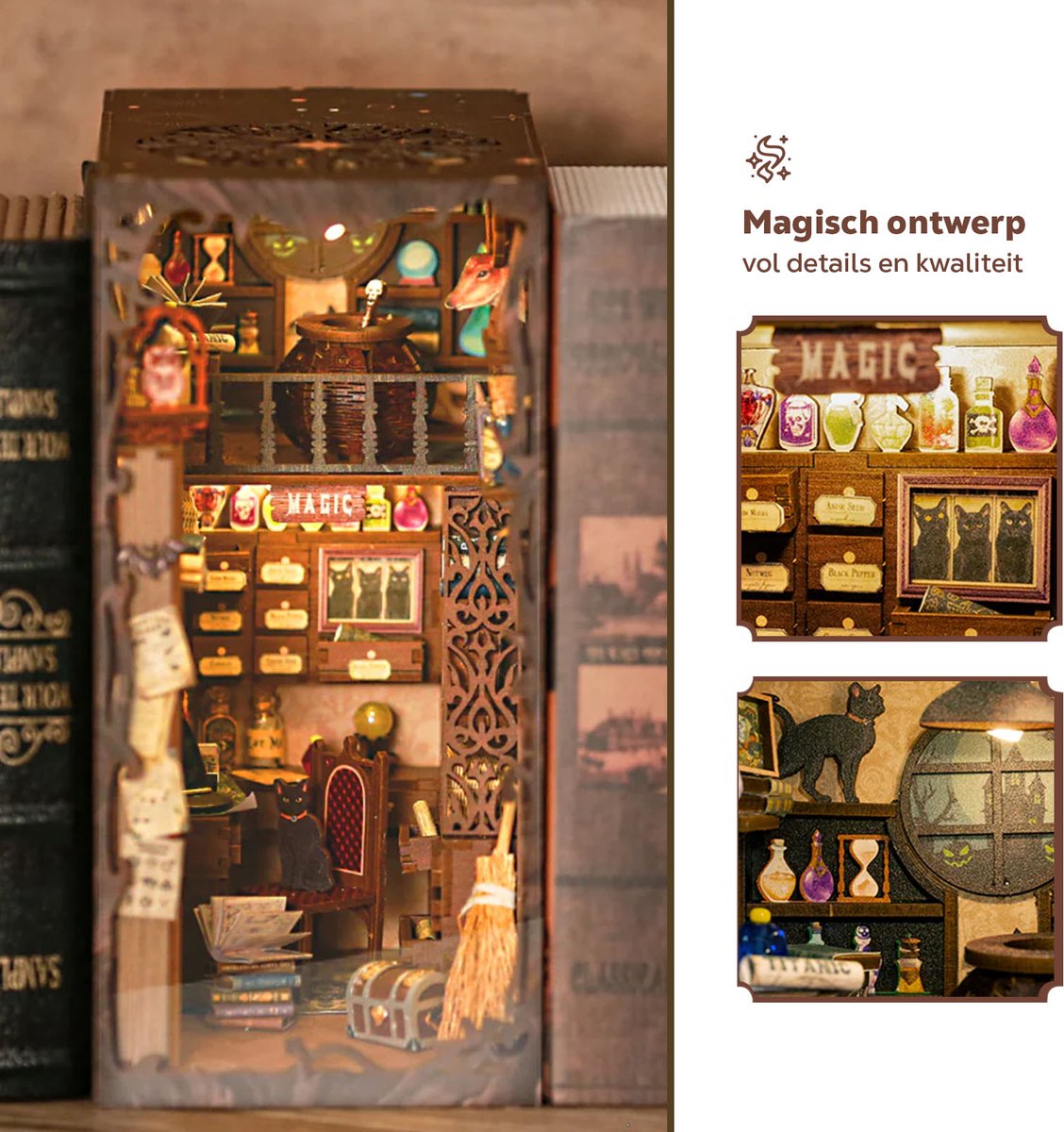 CuteBee Book Nook - Modelbouw - Houten 3D Puzzel - DIY Bouwpakket Volwassenen en Volwassenen - Boekensteun - Boekenhouder - The Magic Pharmacist — afbeelding 12
