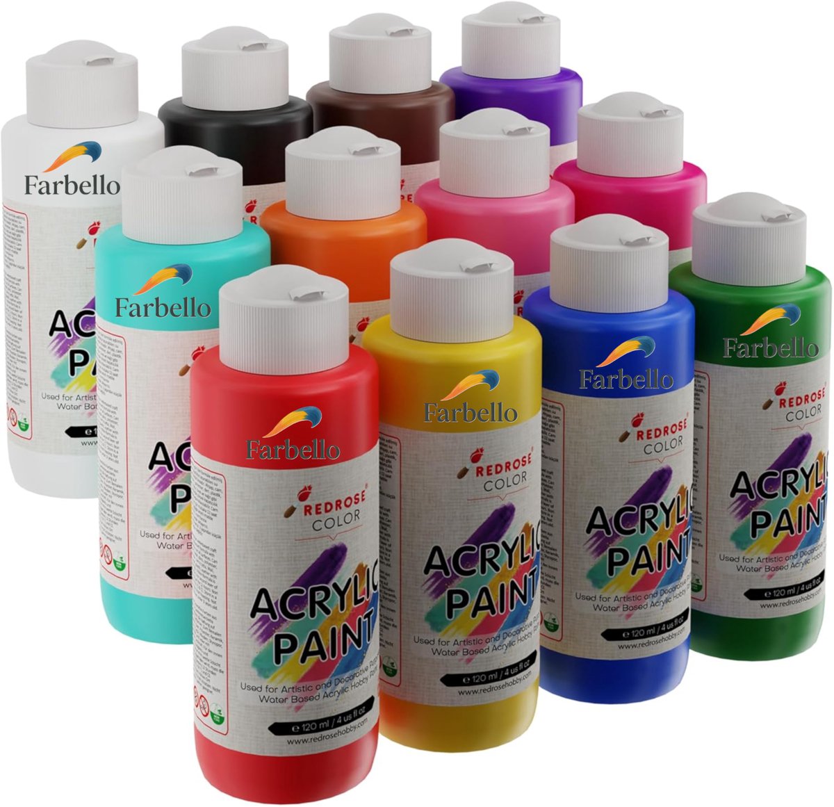 Farbello Acrylverf Set- 12 kleuren*100 ml., Sterk gepigmenteerde, Niet giftige verf op waterbasis, voor canvas, hout, steen, papier en metaal. — afbeelding 4