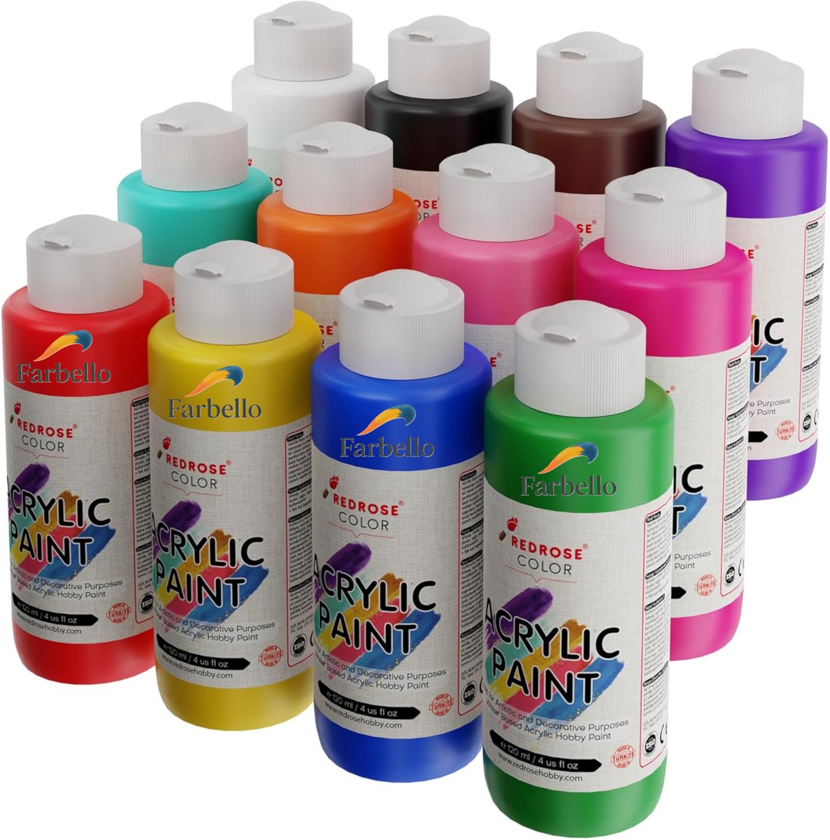 Farbello Acrylverf Set- 12 kleuren*100 ml., Sterk gepigmenteerde, Niet giftige verf op waterbasis, voor canvas, hout, steen, papier en metaal. — afbeelding 7