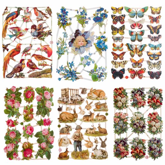 Een vel met diverse vogels, vlinders, rozen, konijnen en bloemen, bedoeld voor hobby.