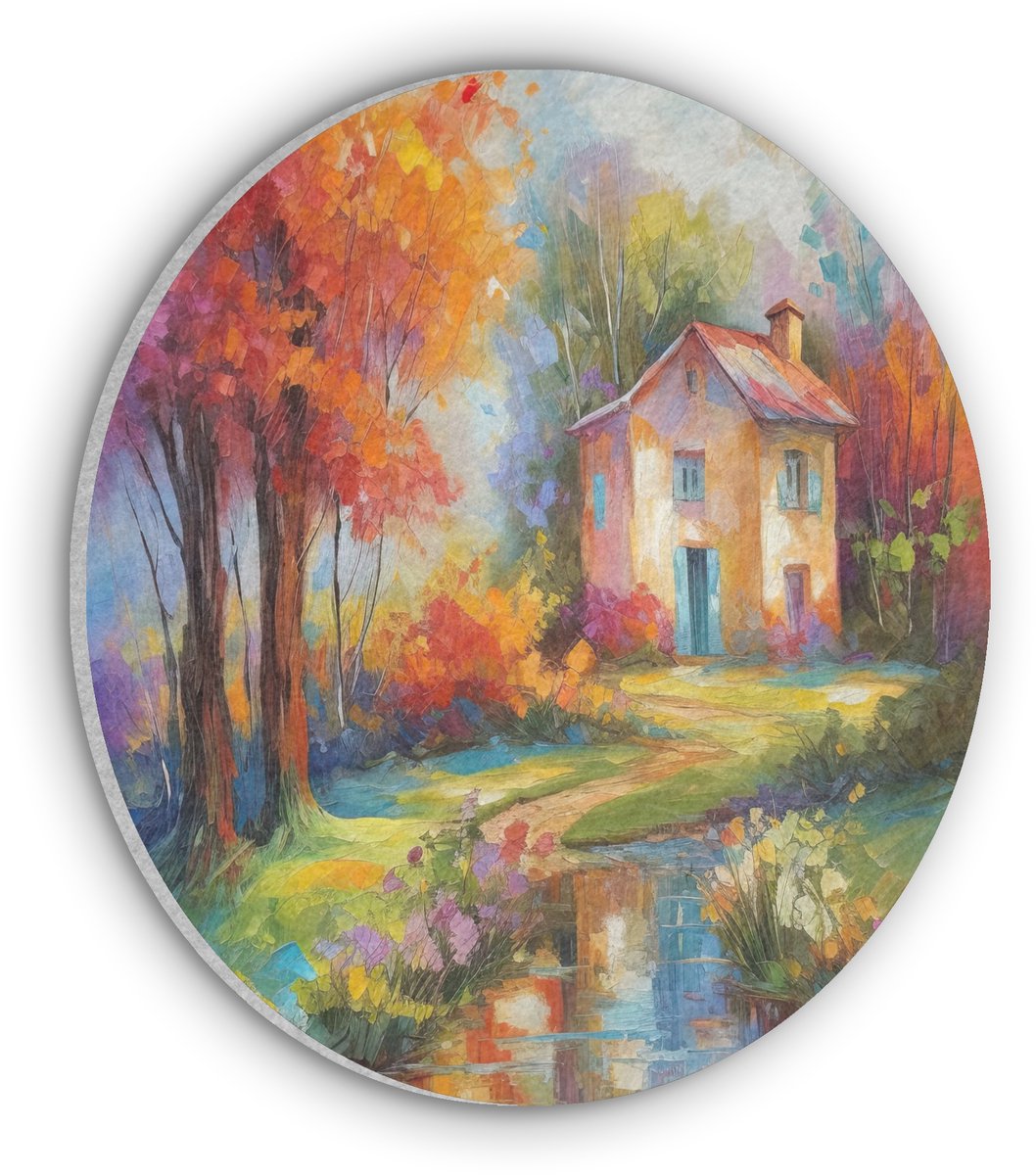 Akoestisch wandpaneel rond 60x60 cm - Vilt schilderij Landschap - Kleurrijk - Olieverf - Kunst - Ronde akoestische panelen - Geluidsdempende wanddecoratie - Geluidsisolatie wandcirkel - Muurdecoratie geluidspanelen
