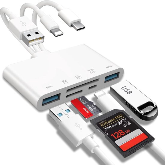 Geheugenkaartlezer, 6-in-1 SD-kaartlezer & USB OTG-adapter voor iPhone/iPad, USB C en USB A-apparaten met Micro SD & SD-kaartsleuven, ondersteunt SDHC/SDXC/MMC