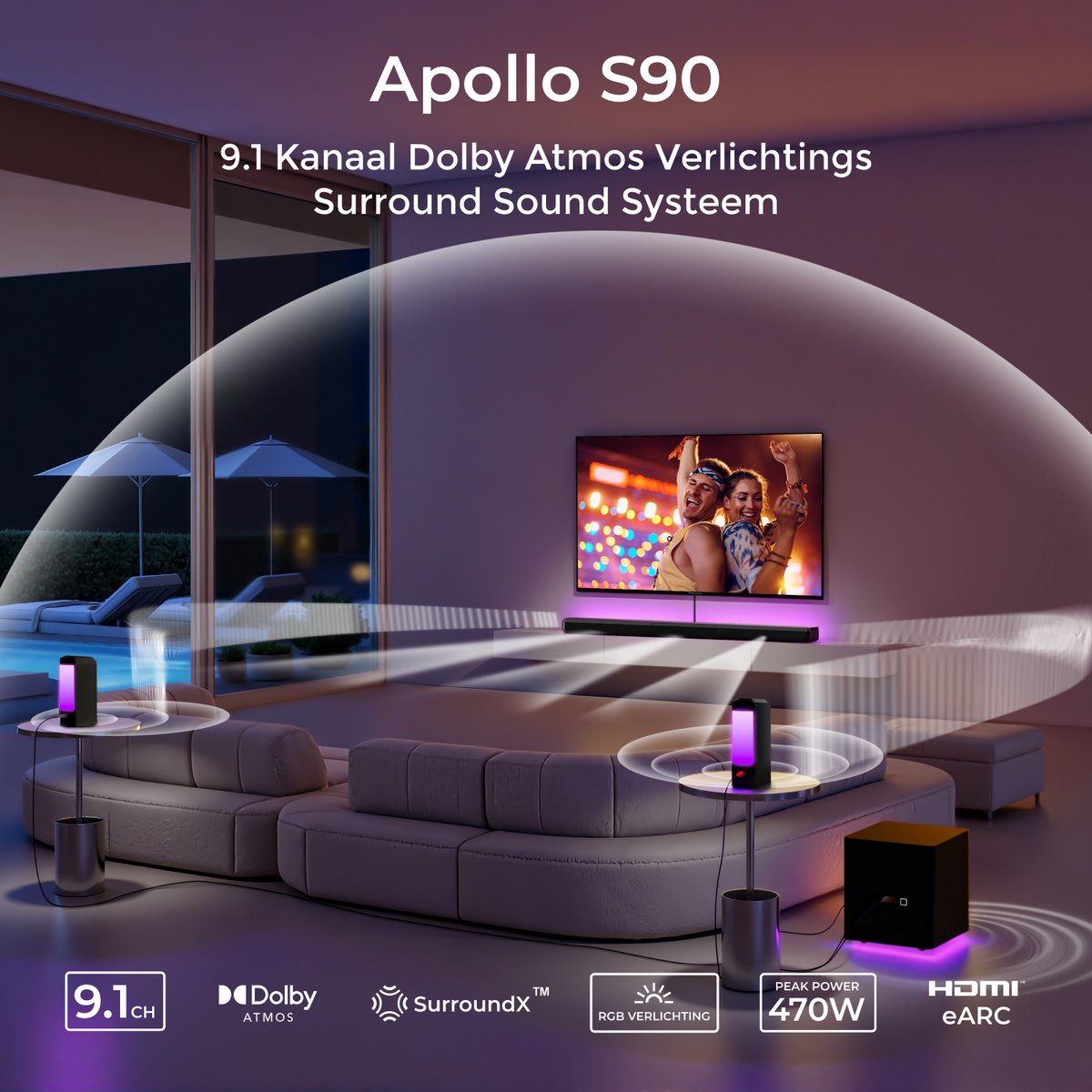Afbeelding 2 van ULTIMEA 9.1 Dolby Atmos Soundbar met Subwoofer & Surround Speakers – Afneembaar Design, App-bediening, RGB-verlichting – Soundbar voor TV