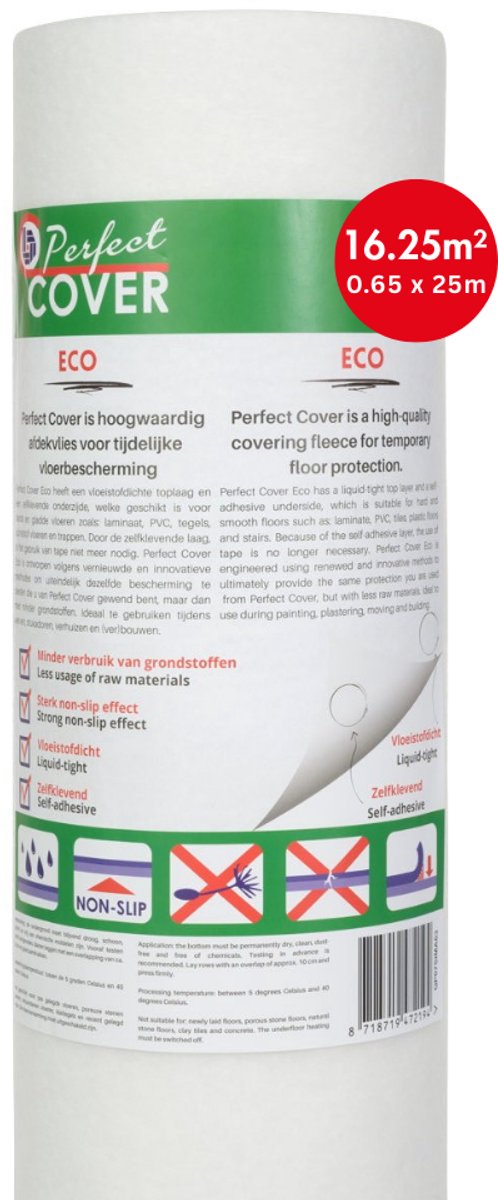 Perfect Cover® Eco Afdekvlies - 16.25m² - Zelfklevend en Sterk - Voor Alle Oppervlakken - Professionele Kwaliteit Stucloper & Afdekfolie - Bescherming Tijdens Bouw & Renovatie - 120GSM - Vertrouwd door Professionals