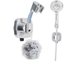 Douchekophouder met zuignap, 360° verstelbare handdouchehouder voor wandmontage, geen boren nodig, met haak, chromen stangbeugel, geschikt voor verhuur, campers, hotels en badkamers