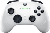Witte Xbox-controller met zwarte knoppen, groen Razer-logo en de A, B, X, Y-knoppen.