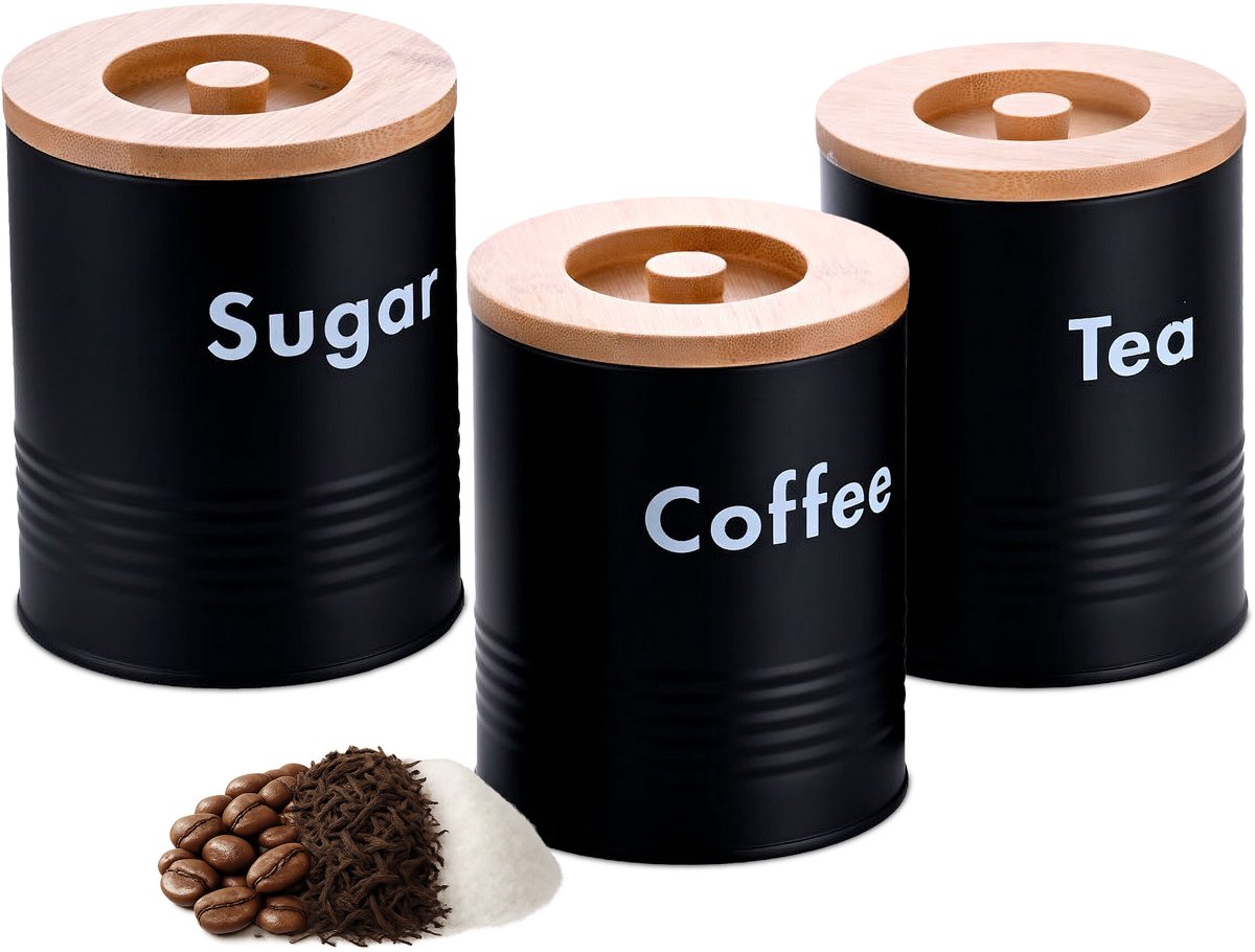 Voorraadpot koffie - set van 3 - 1 liter - metaal - bamboe deksel