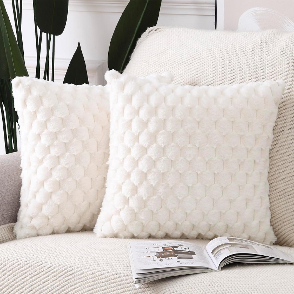 BOG Set Van 2 Pluche Zachte Nepwol Sierkussenslopen - 55x55cm - Crèmewit - Decoratieve Kussenhoezen Voor Bank En Slaapkamer