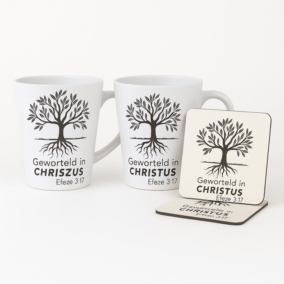 Gift set mokken & onderzetters – Geworteld in Christus – Bijbels cadeau – Christelijk cadeau – 2 keramische mokken + 2 onderzetters – Mok met bijbeltekst – Geloof geschenk – Cadeau geloof – Efeze 3:17