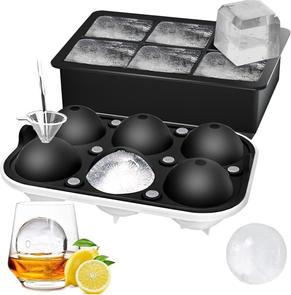 QTTVBTNA -2 stuks siliconen ijsblokjesvormen met deksel – grote ronde en vierkante ijsballen, 6 vakken, BPA-vrij, ideaal voor whisky, cocktails, wijn, fruit en chocolade