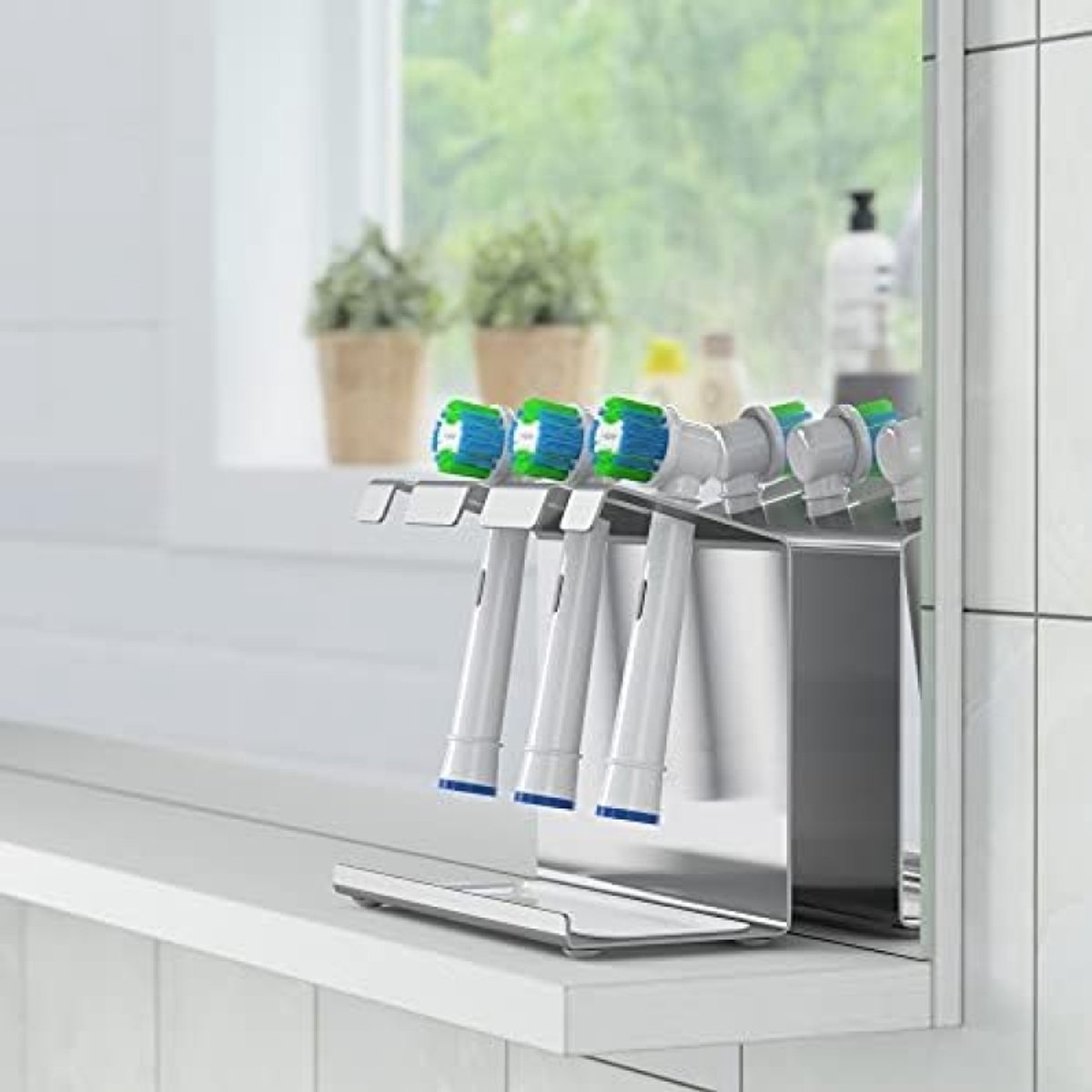 PromoHome Roestvrijstalen Tandenborstelhouder met Opvangbak voor 3 Borstels - Universeel Geschikt voor Oral-B, Philips Sonicare en Andere Elektrische Tandenborstels - Wandmontage of Vrijstaand - Zilver — afbeelding 6