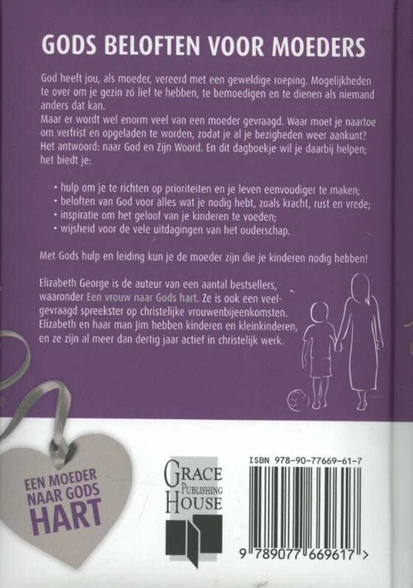 Achterkant van een boek met de titel 'Gods beloften voor moeders'. Een silhouet van een moeder met kind en voetbal staat op een paarse achtergrond. Een hartvormig label hangt aan een lint.