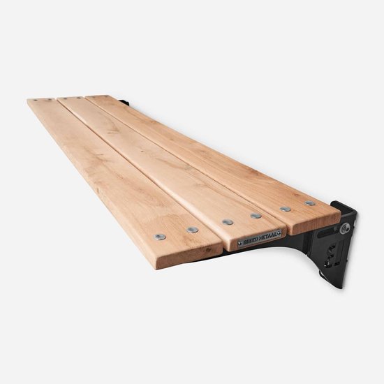 Houten gevelbank met zwart metalen frame, 'BREED METAAL' logo.